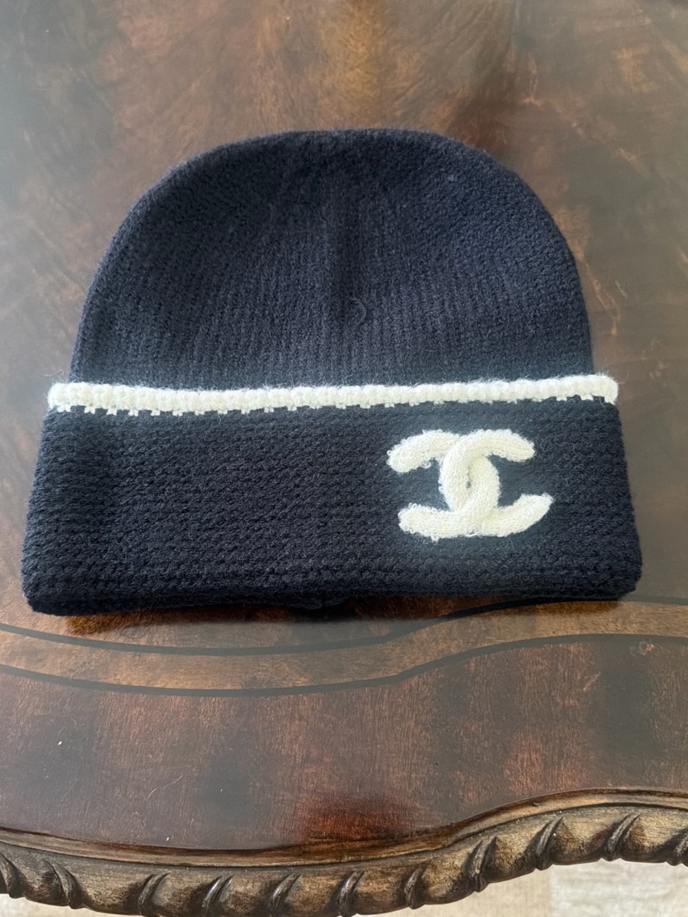 CHANEL Black Knit Cuff Beanie with White CC Logo
